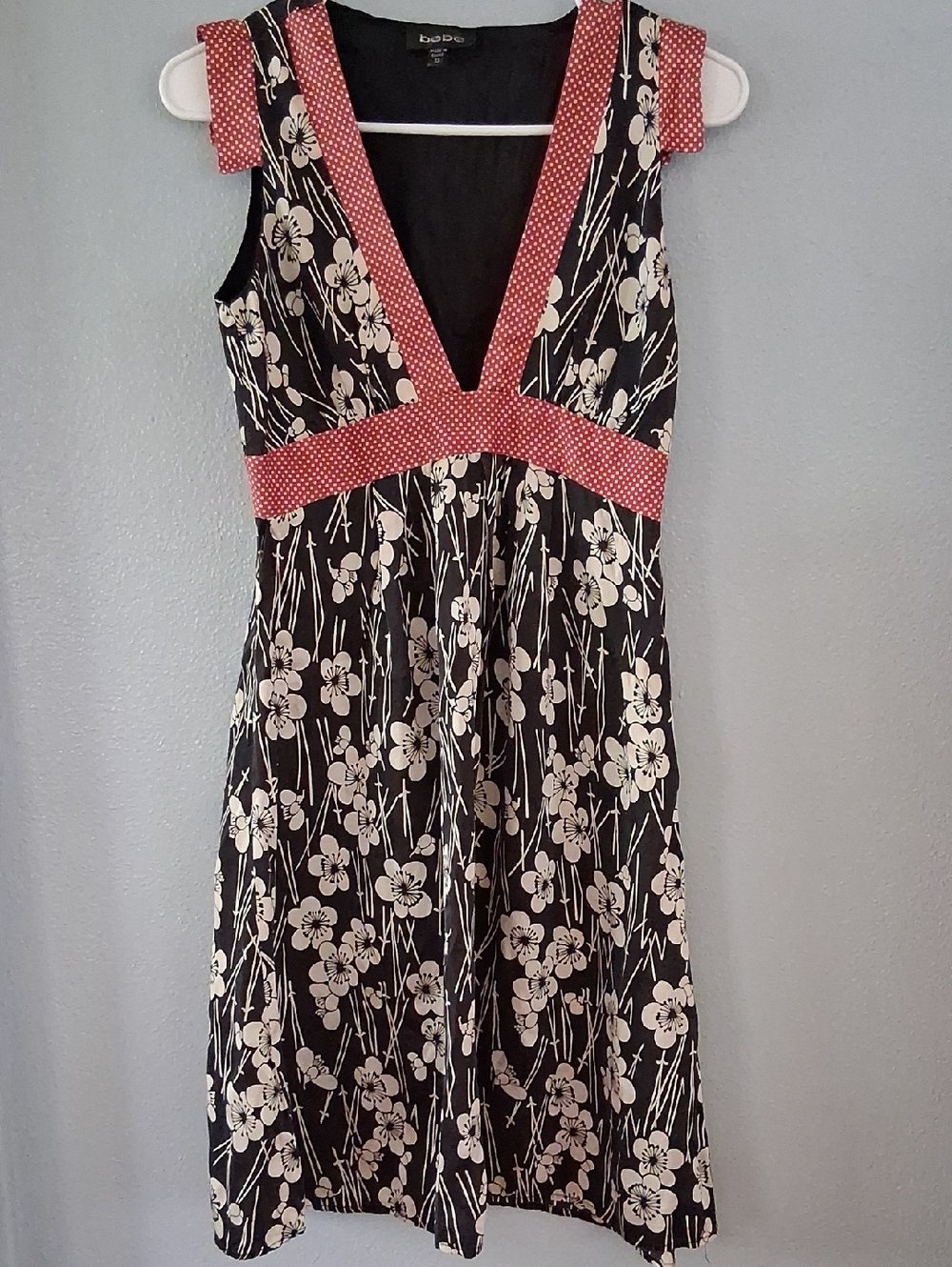 Bebe Black Floral V Neck Midi Dress with Red Polka Dot Trim